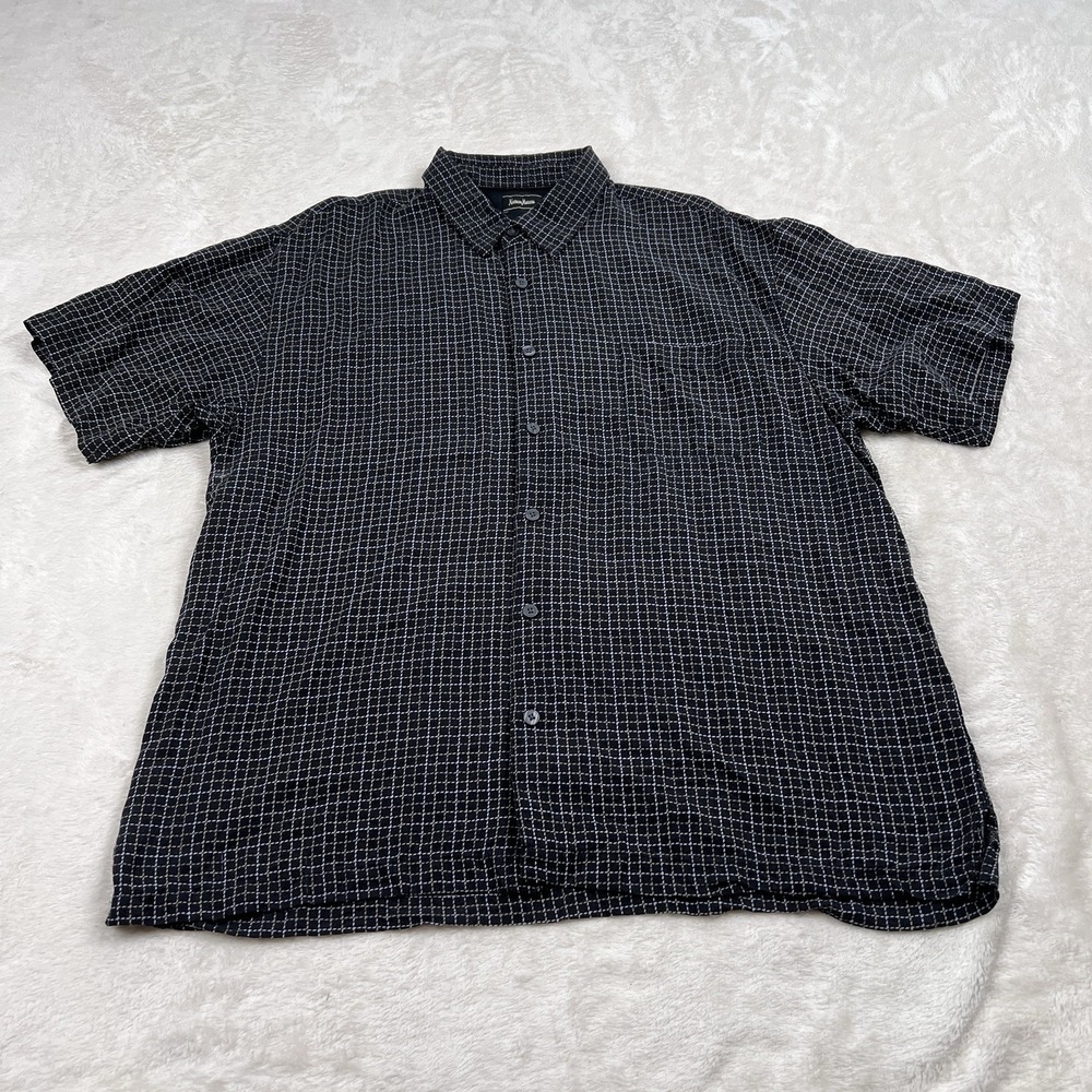 Neiman Marcus Shirt Mens 2XL Black Blue Check Silk Rayon Short Sleeve Button Up